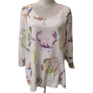 SUN BAY Womens Sz‎ XL Tropical Fish Crab 3/4 Sleeve Cotton Shirt Gauzy Lagenlook